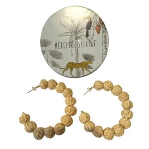 Mercedes Salazar Raffia Ball Hoop Earrings Natural NWOT Woven Statement Hoops